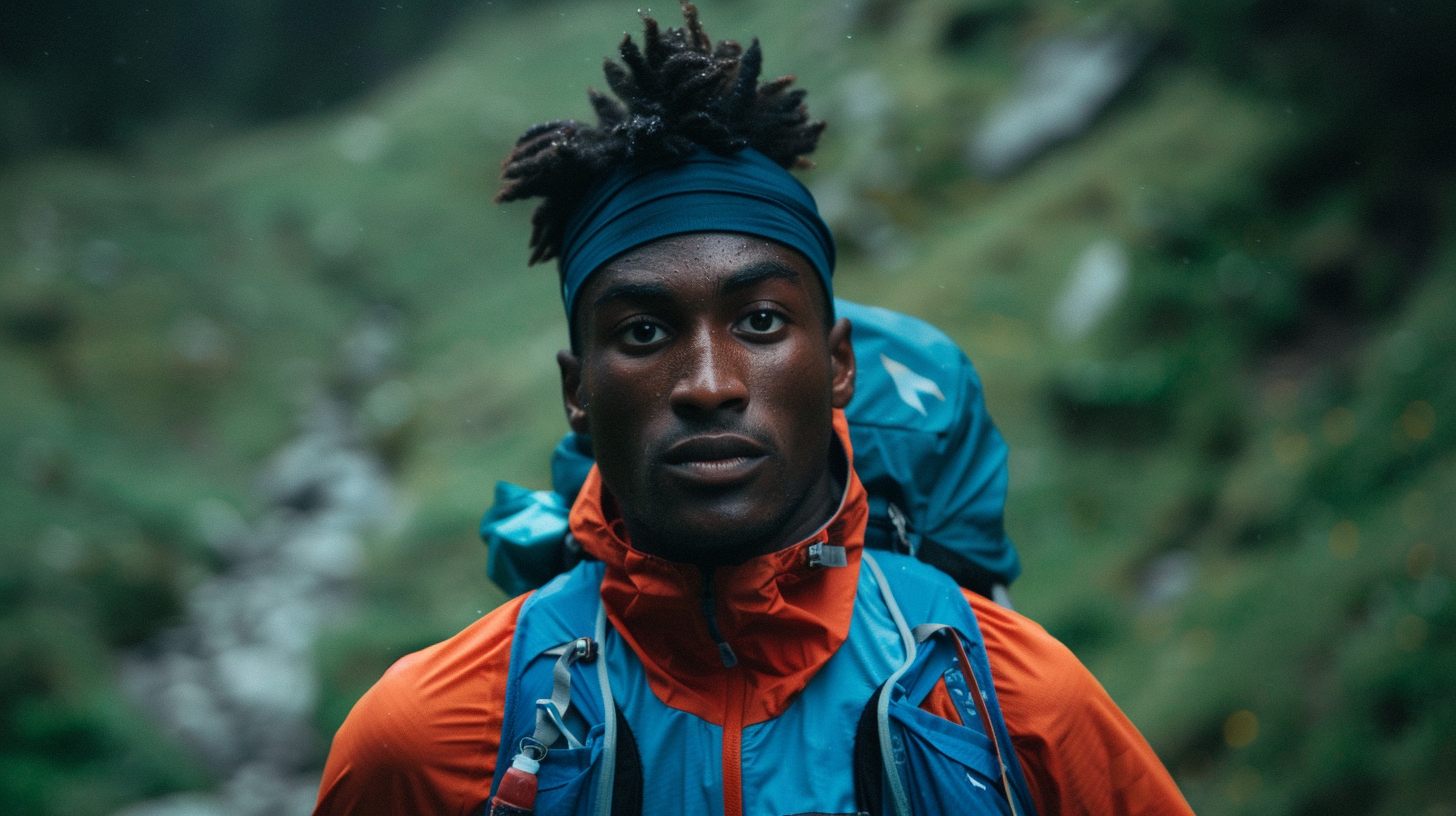 A young man with short black hair stands outdoors, wearing an orange jacket and a black hydration backpack. The background features a lush, green forest under a partly cloudy sky. The man's expression is serious and focused, suggesting he is engaged in an outdoor activity like hiking or running.