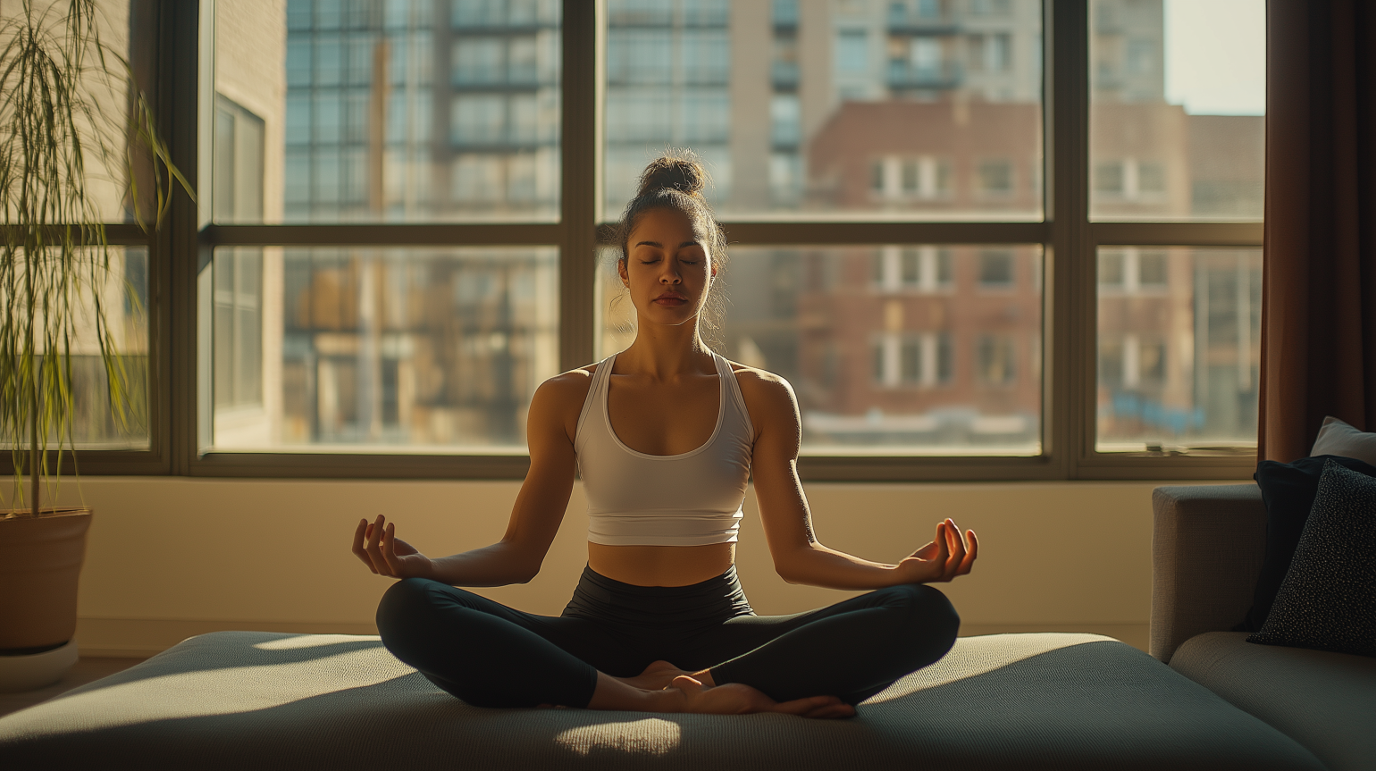 Person meditating in a bright living room with large windows and a cityscape in the background.