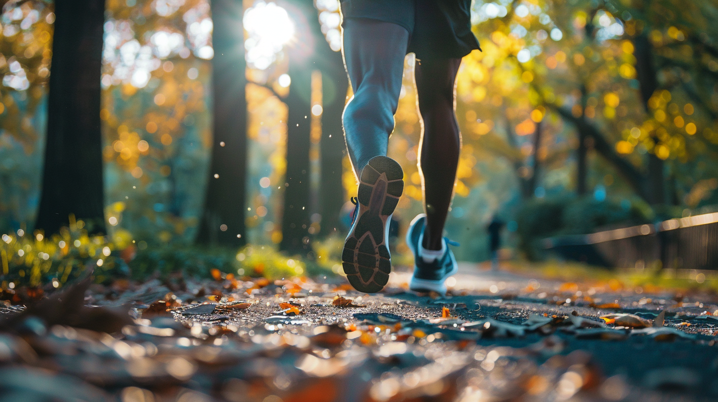 A runner demonstrating proper running form wiht a knee drive on a scenic path in Prospect Park in Brooklyn. Shot on Canon EOS R5 with 70-200mm 2.8@200mm --ar 16:9